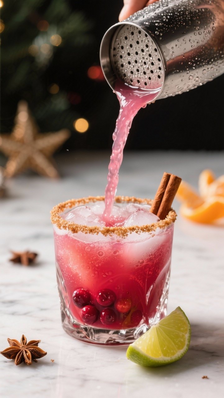 Close-up detail: A just-shaken Spiced Christmas Margarita being strained over fresh ice into a rocks