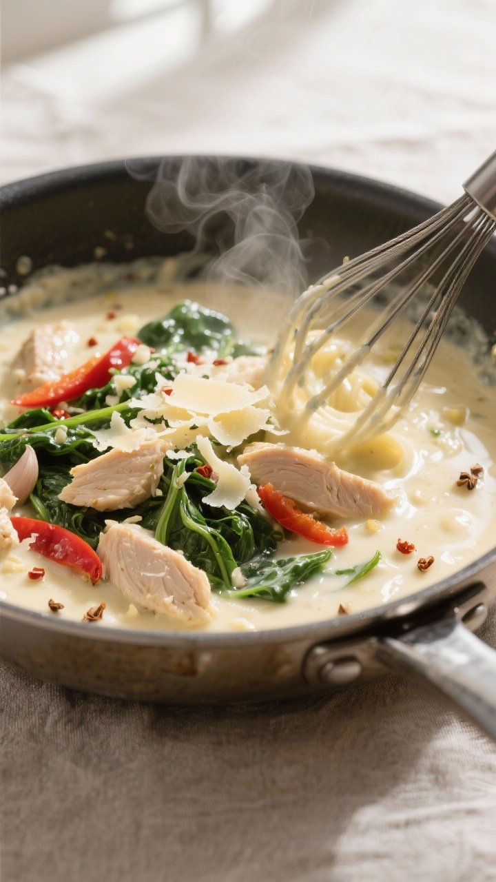 Close-up detail and cooking process: Silky Alfredo sauce being whisked in a stainless skillet over m