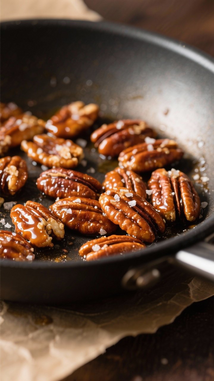 Close-up detail: Candied pecans being finished in a skillet, fully coated and glossy with a thin car