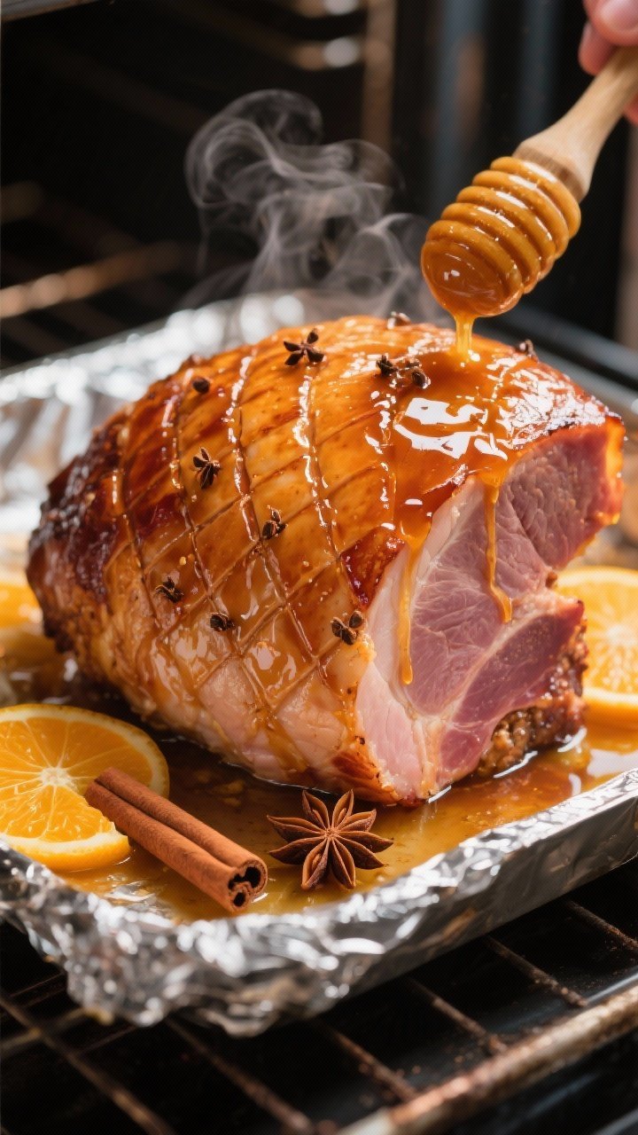 Close-up detail, cooking process: Honey glazed Christmas ham mid-baste in the oven at 300°F, foil r