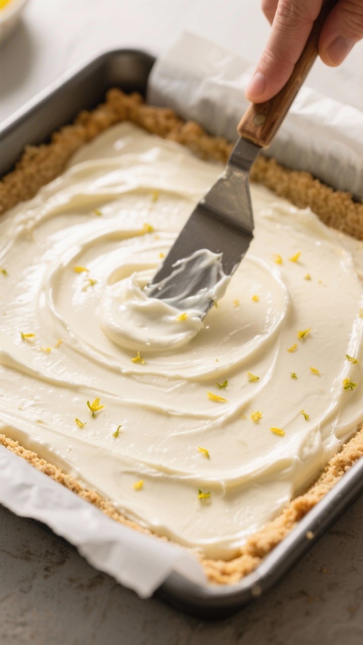 Close-up detail/cooking process: Sugar-free cheesecake batter being smoothed over a lightly golden a