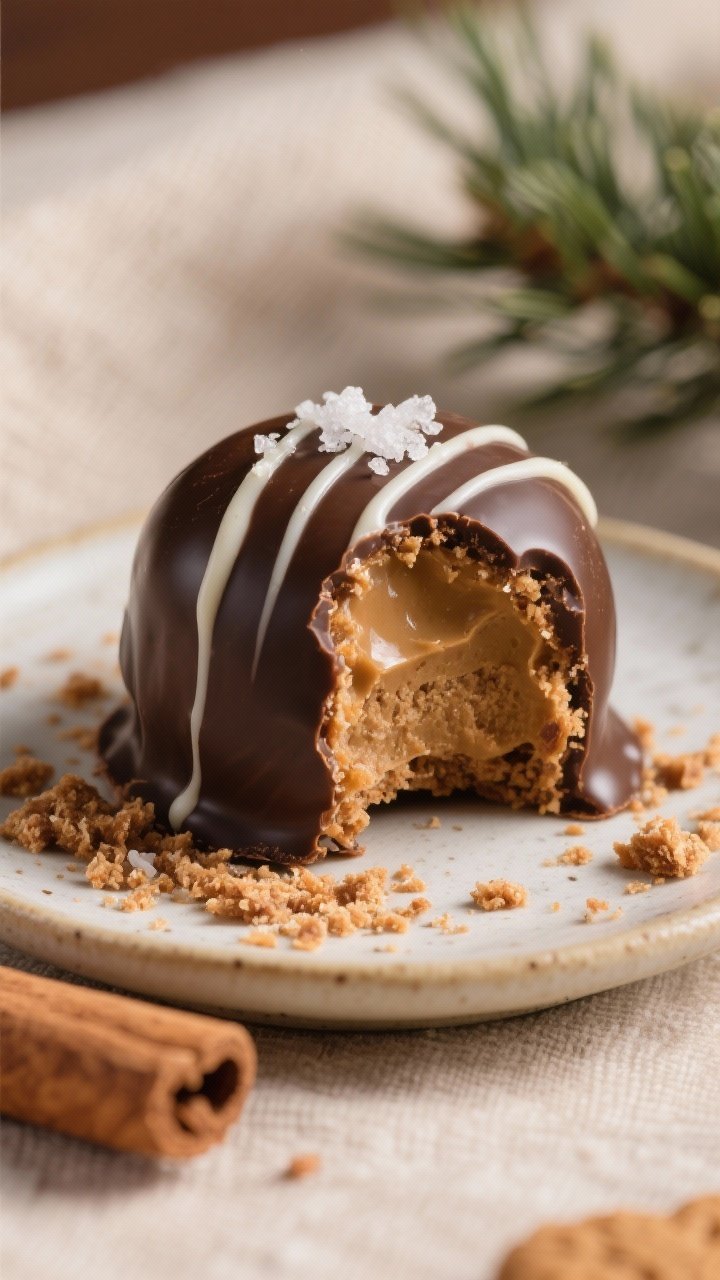 Close-up detail of a bitten gingerbread truffle on a small ceramic plate: smooth, shiny dark chocola