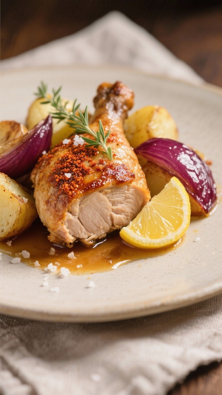 Close-up detail of a plated serving: one crispy-skinned chicken thigh cut to reveal juicy meat, surr