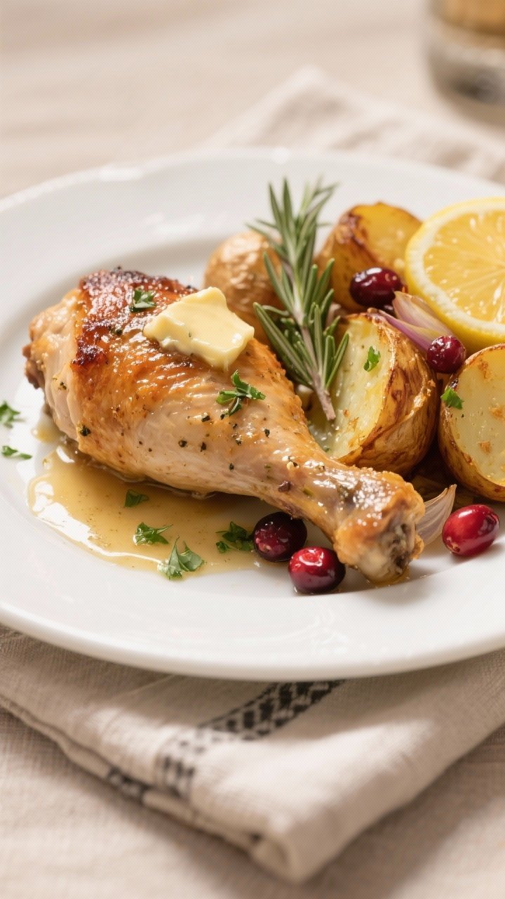 Close-up detail of a plated serving: one juicy chicken thigh with ultra-crispy skin and visible rose