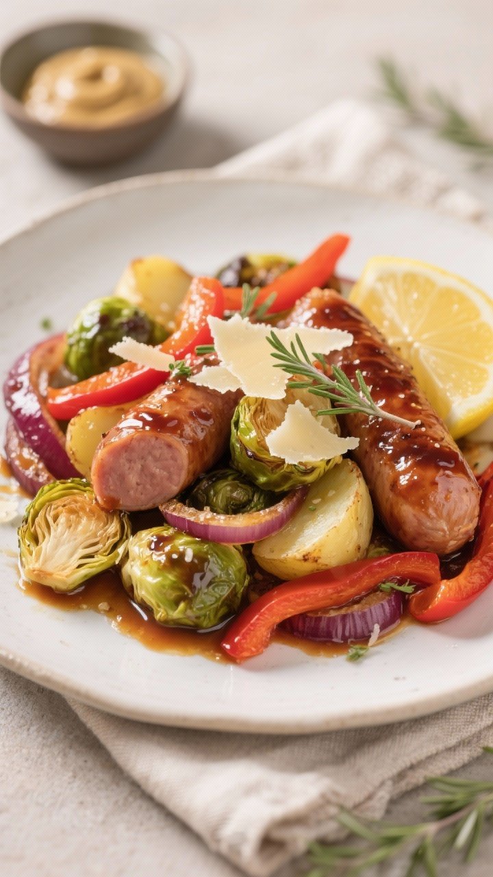 Close-up detail of a plated serving: slices of sausage nestled with crispy-edged Brussels sprouts an
