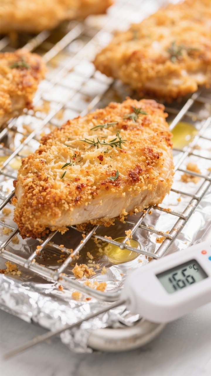 Close-up detail of crispy baked chicken cutlets just out of the oven on a lightly oiled wire rack ov