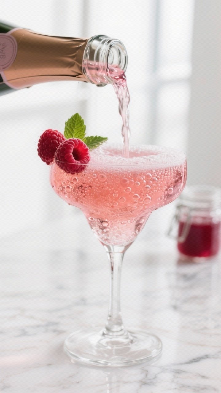 Close-up detail of raspberry champagne being poured: a chilled Brut champagne stream entering a flut