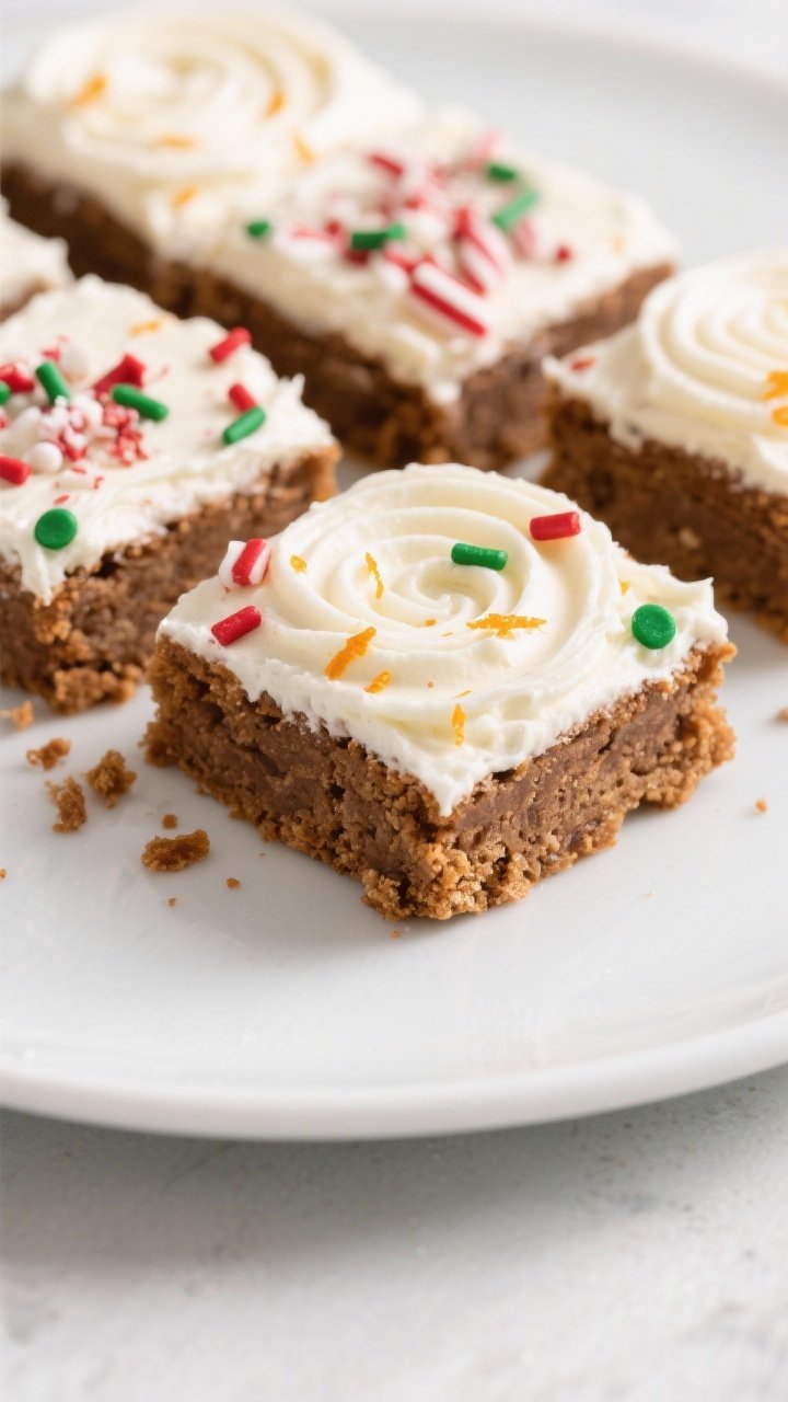 Close-up detail of sliced gingerbread cookie bars fully frosted and garnished, neat squares arranged