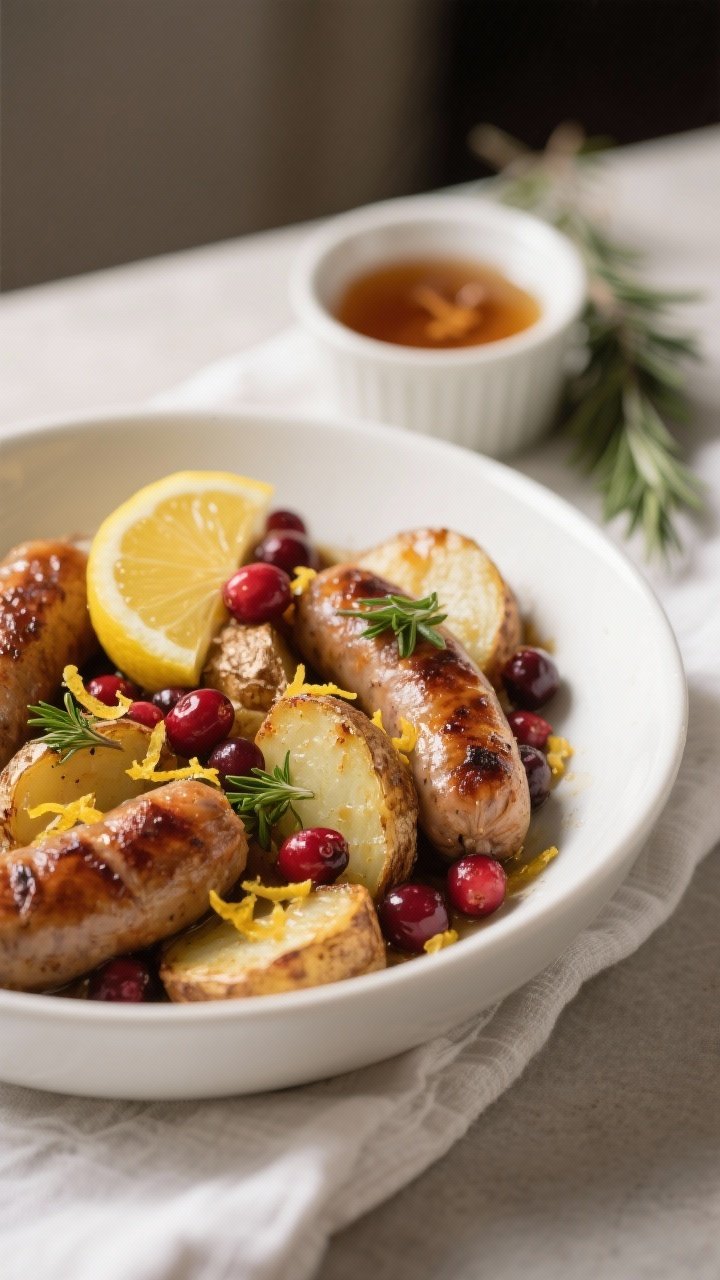 Close-up detail of the final plated serving: a shallow white bowl filled with the roasted sausage an