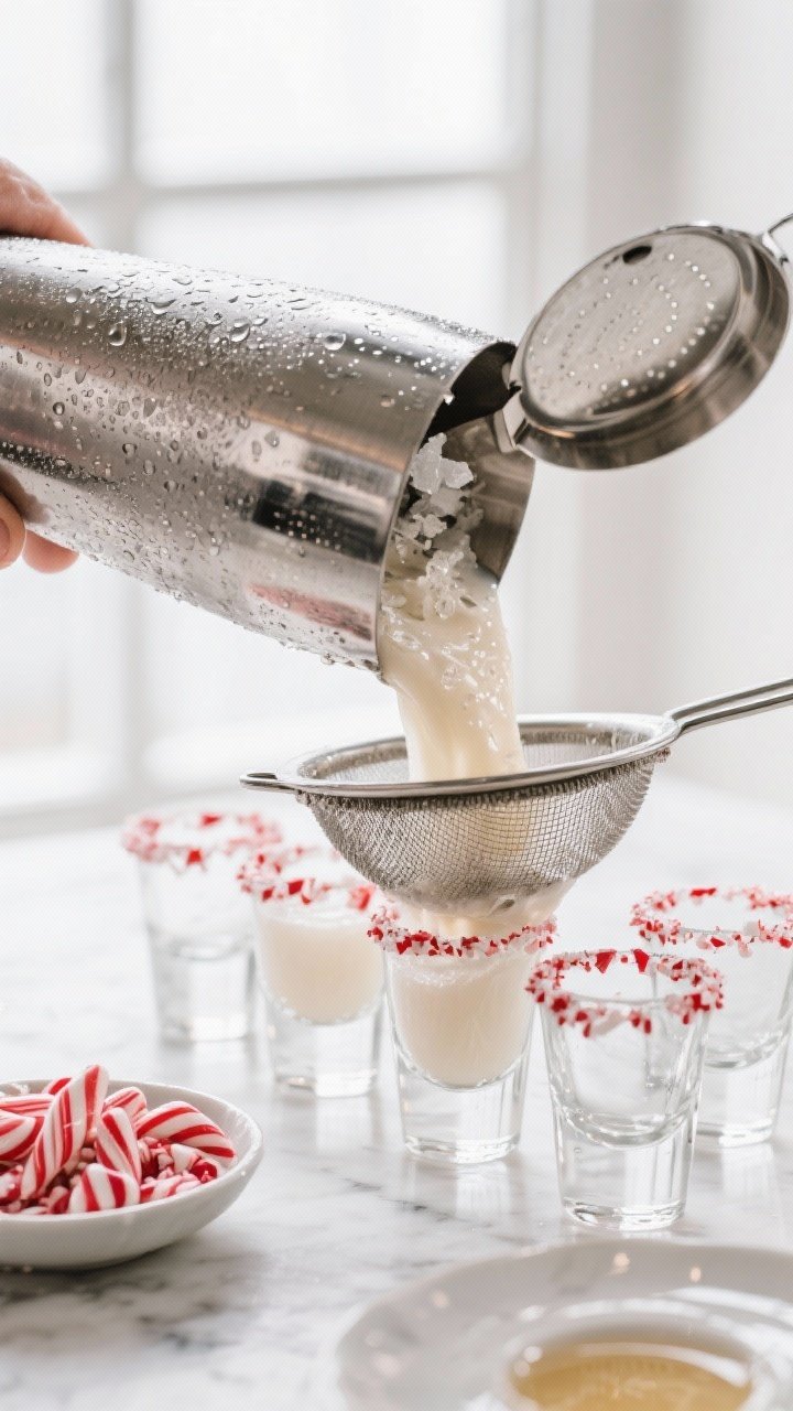 Close-up detail/process shot: A frosty stainless-steel cocktail shaker mid-shake being cracked open 