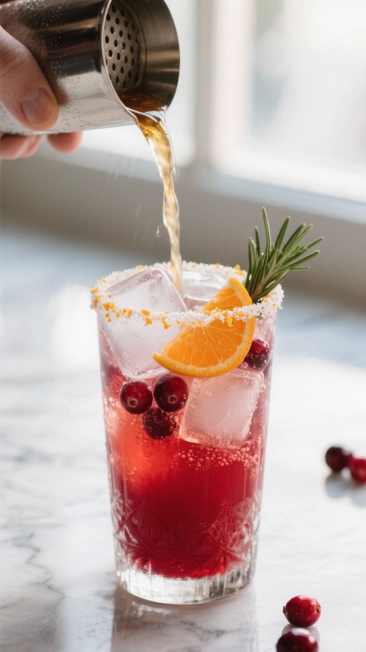 Close-up detail/process shot: Frosted highball glass fresh from the freezer being filled with ruby-r