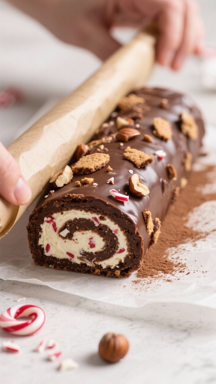 Close-up detail/process shot: No-bake chocolate biscuit sheet being tightly rolled into a log using 
