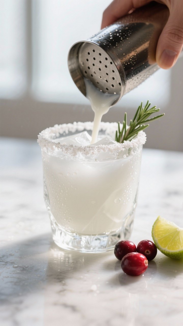 Close-up detail shot: A freshly shaken White Christmas Margarita being double-strained into a chille