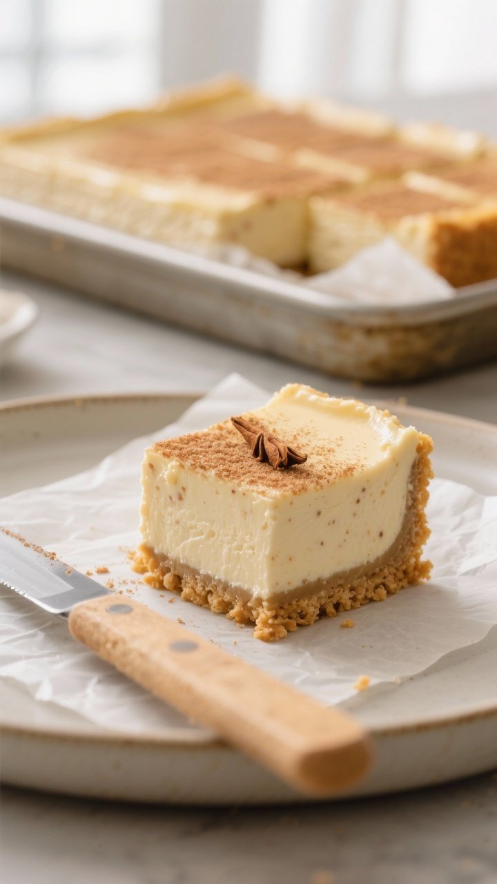 Close-up detail shot: A just-sliced eggnog cheesecake bar lifted from a parchment-lined 9x13 slab, s