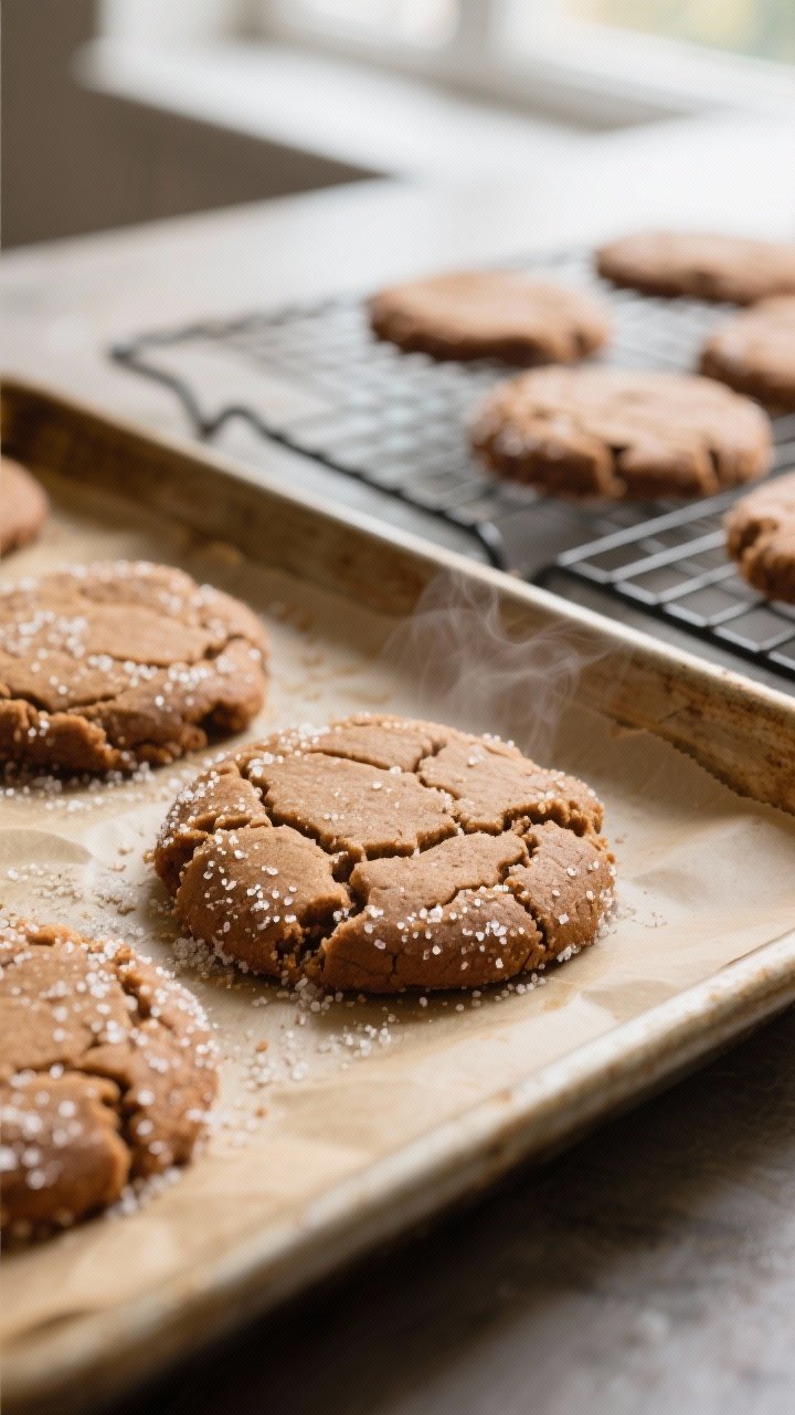 Close-up detail shot: A warm tray of freshly baked soft gingerbread cookies just out of the oven on 