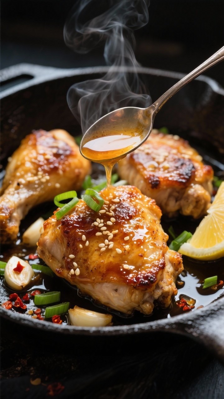 Close-up detail shot: Golden, oven-baked honey garlic chicken thighs in a cast-iron skillet just out