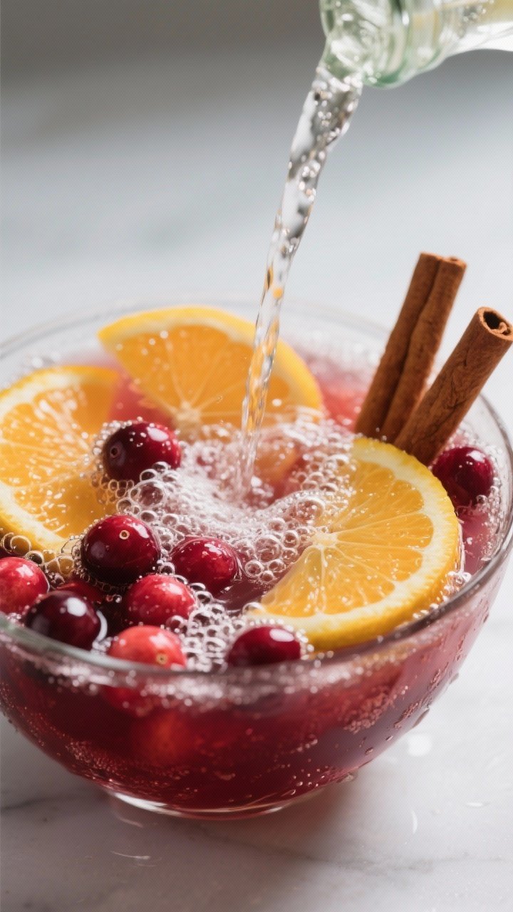 Close-up detail shot of the moment bubbles are added: the vivid cranberry-citrus punch base already 