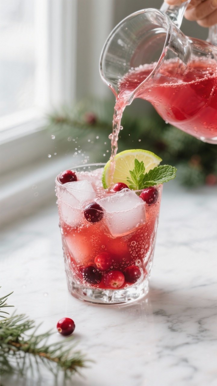 Close-up detail shot of the prepared Cranberry Lime Ginger Fizz being poured from a chilled glass pi
