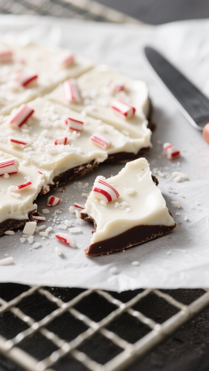 Close-up detail shot: White chocolate peppermint bark just set and being broken into irregular shard