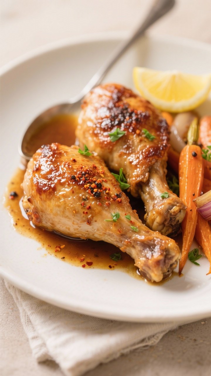 Close-up plated final dish: two bone-in, skin-on chicken thighs with crackly, lacquered skin, glossy