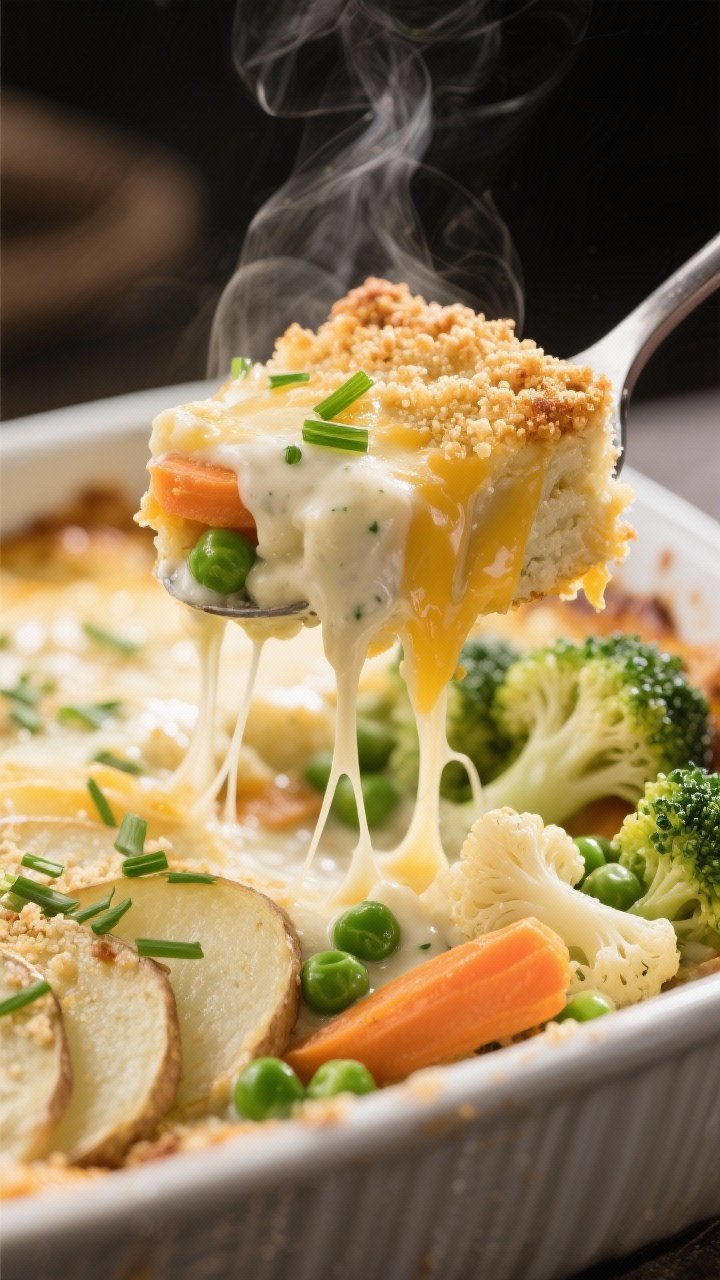 Close-up process shot of a spoon lifting a corner slice from the casserole to reveal the interior: t