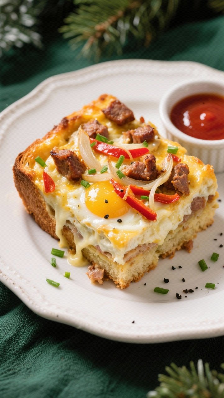 Close-up, shallow depth-of-field slice of the casserole plated: a generous square lifted onto a whit