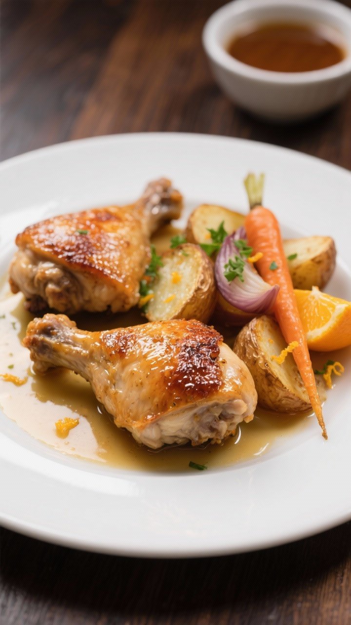Close-up, three-quarter angle of the final plated dish: two bone-in, skin-on chicken thighs with sha