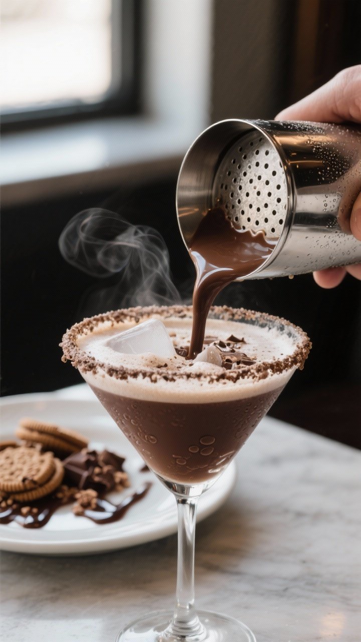 Cooking process close-up: A stainless-steel cocktail shaker mid-action, just-opened to reveal a silk