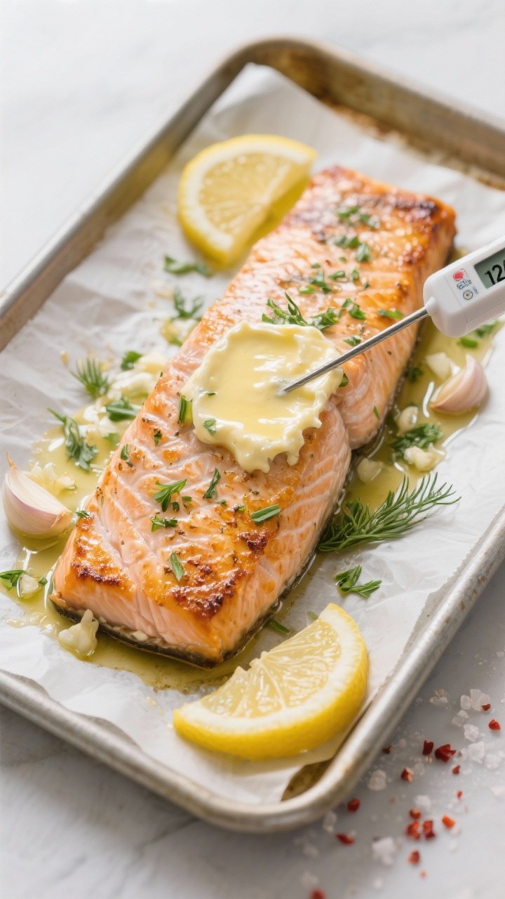Cooking process, close-up detail: A rimmed baking sheet lined with parchment holding a just-roasted 