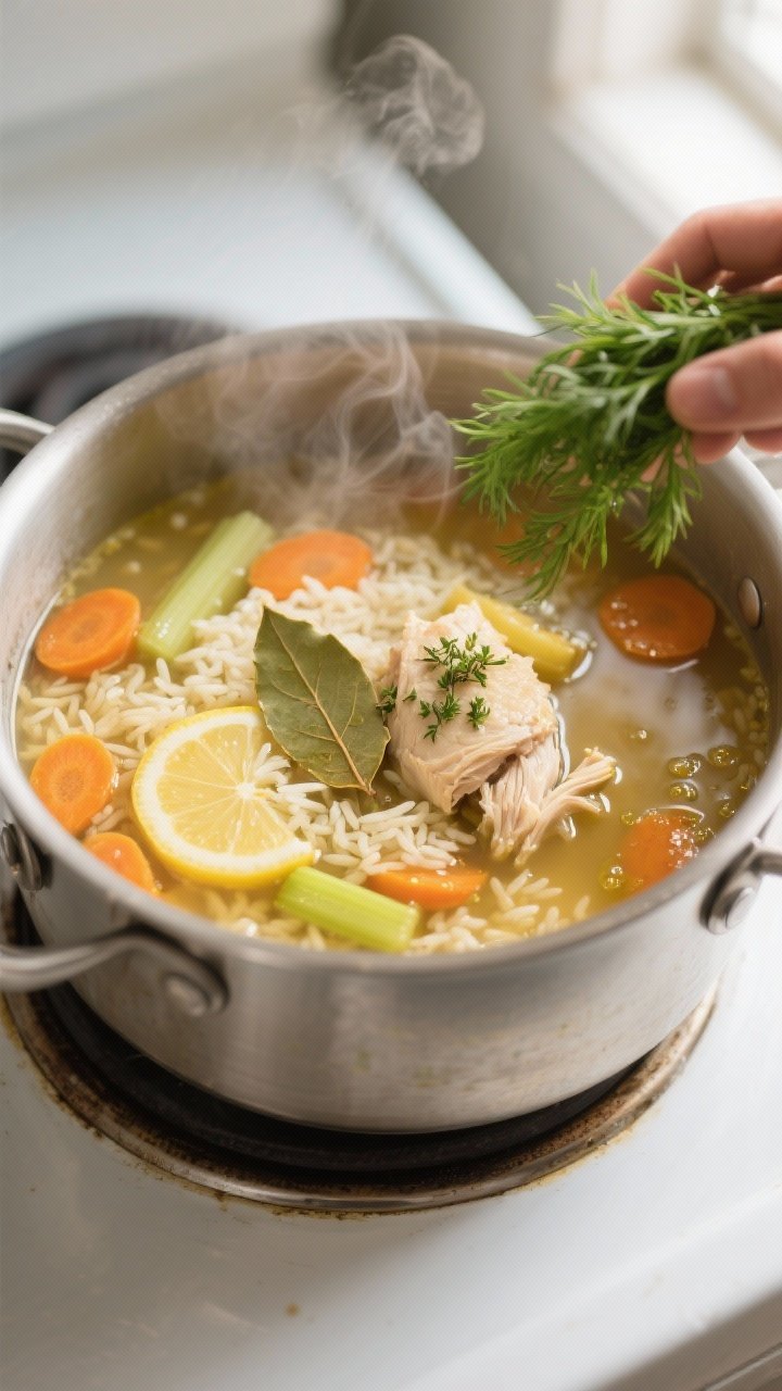 Cooking process, close-up detail: A steaming pot of lemon chicken and rice soup mid-simmer, overhead