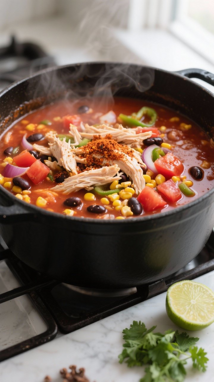 Cooking process, close-up detail: A steamy, one-pot chicken taco soup mid-simmer in a matte black Du