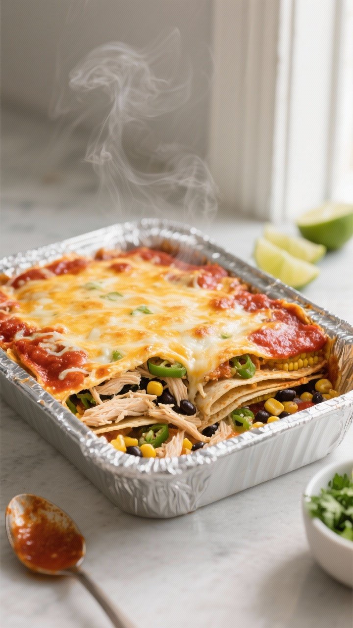 Cooking process, close-up detail: A tight, shallow-depth-of-field shot of a just-baked chicken enchi