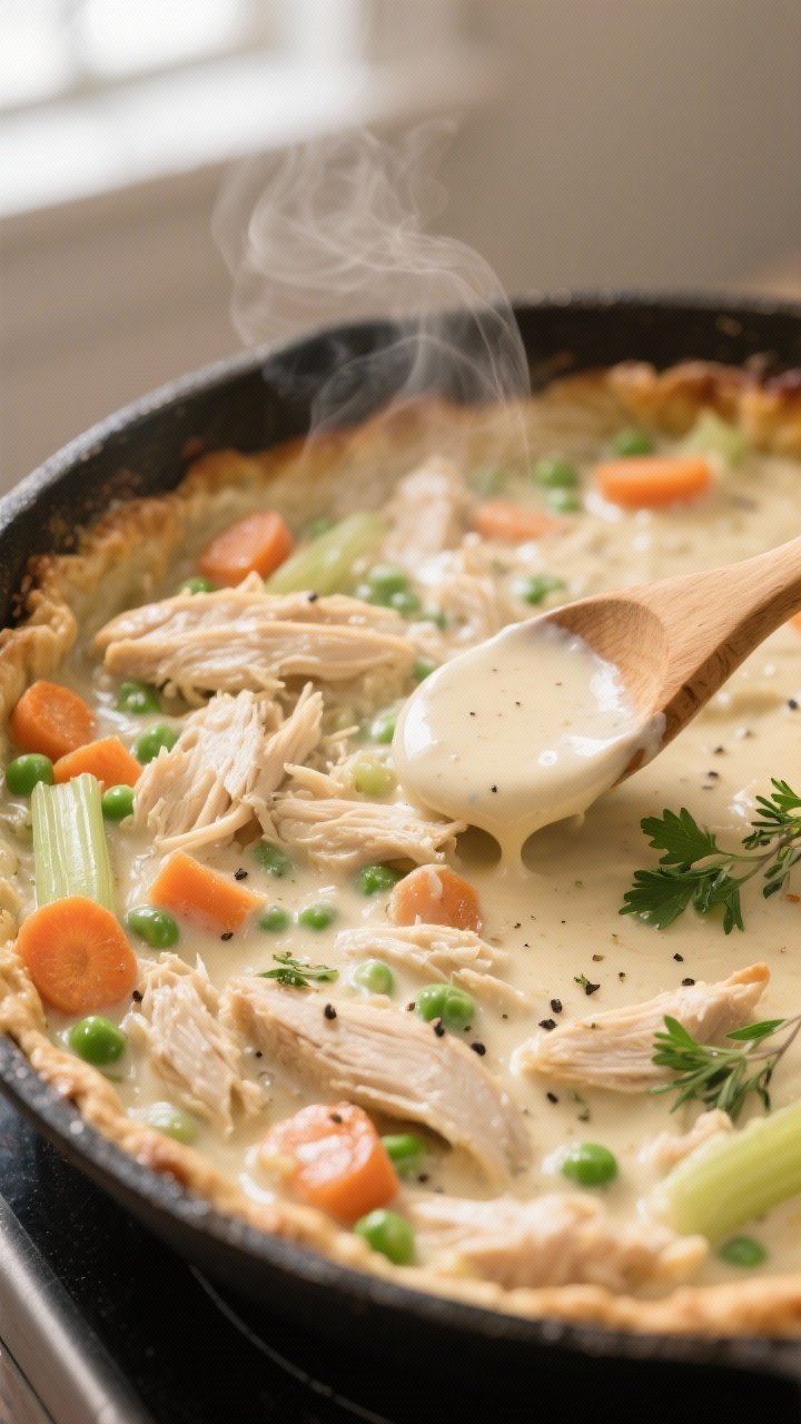 Cooking process, close-up detail: Close-up of a bubbling chicken pot pie casserole filling in a 12-i