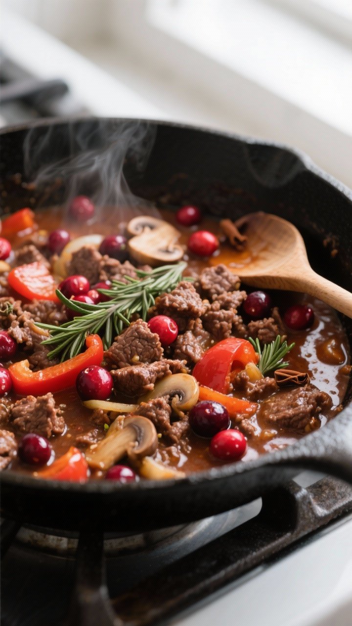 Cooking process, close-up detail: Close-up of a sizzling beef and cranberry holiday skillet mid-simm