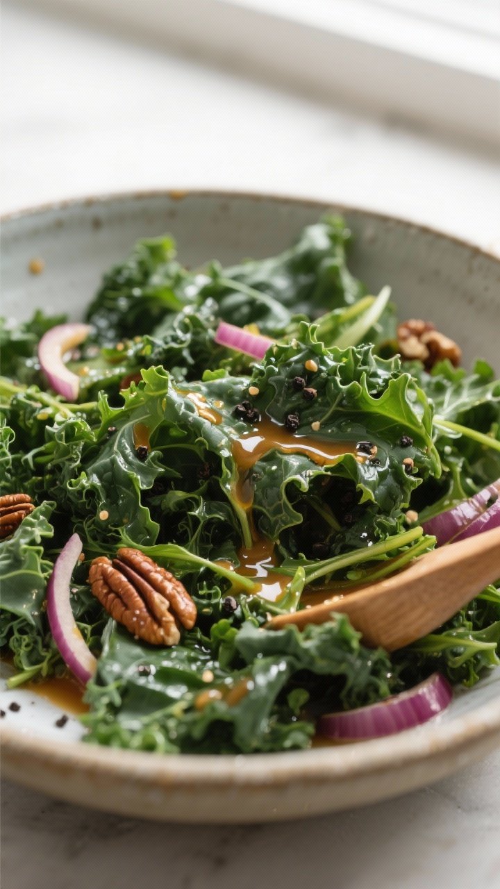 Cooking process, close-up detail: Close-up of massaged kale and arugula base being gently tossed wit