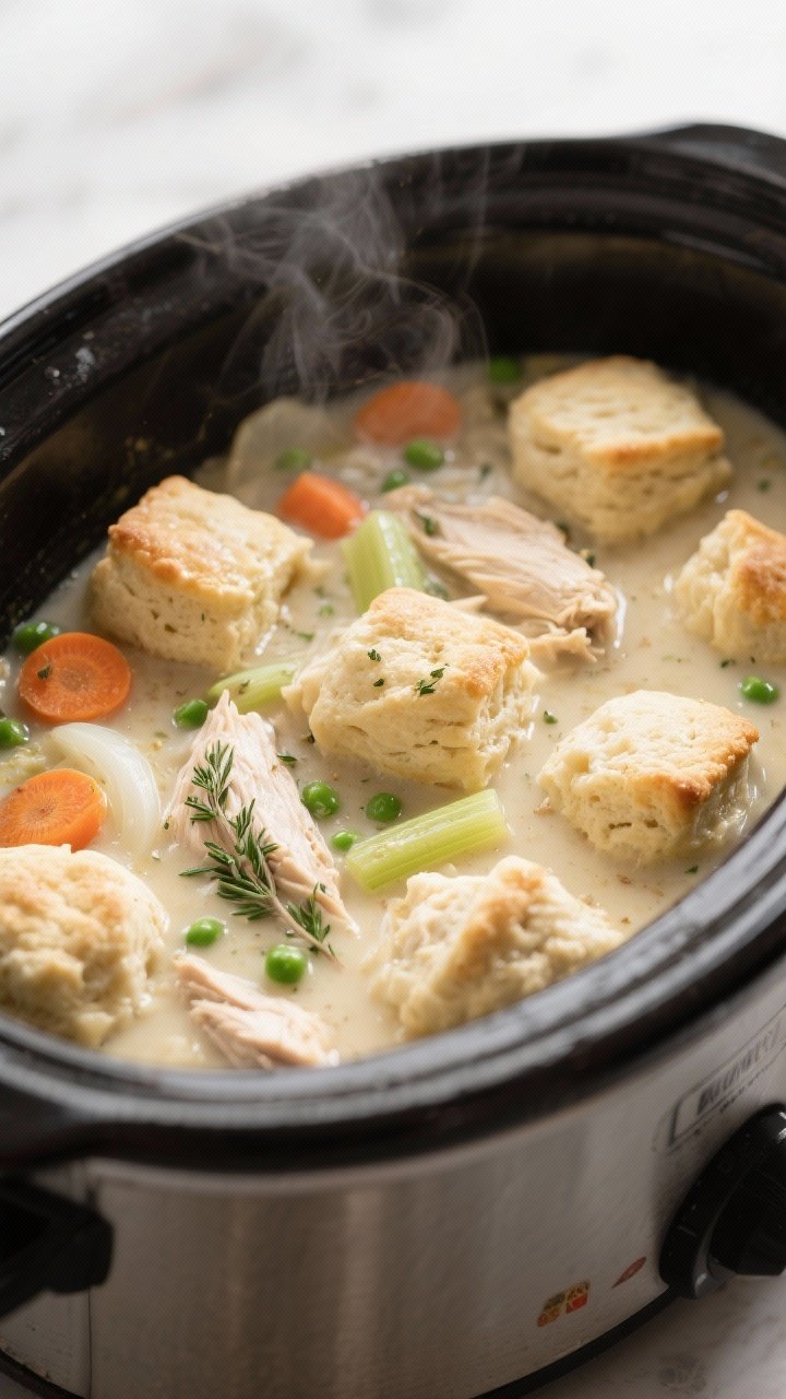 Cooking process, close-up detail: Close-up of puffed biscuit-dough dumplings steaming on the surface