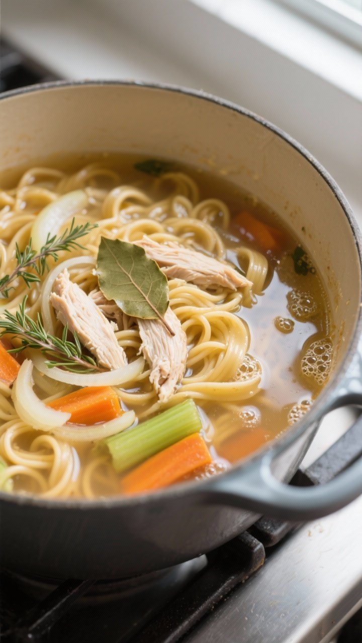 Cooking process, close-up detail: Close-up of shimmering chicken noodle soup simmering in a Dutch ov