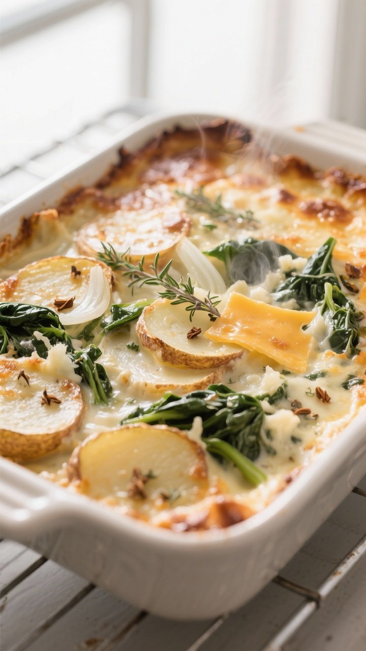 Cooking process, close-up detail: Close-up of the gratin just after uncovering in the oven, showing 