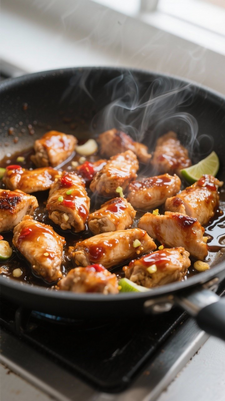 Cooking process, close-up detail: Glossy sweet chili chicken sizzling in a large skillet, bite-size 