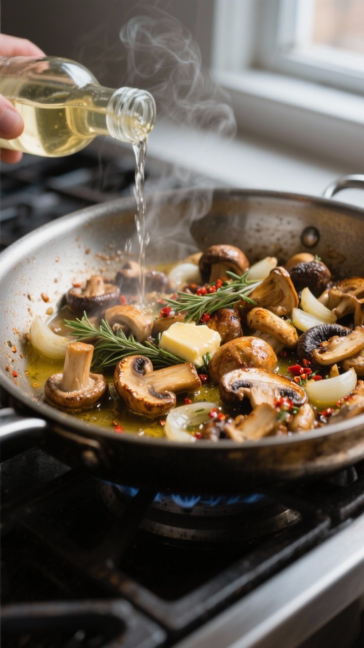 Cooking process, close-up detail: Golden-browned mixed mushrooms (cremini and shiitake) sizzling in 