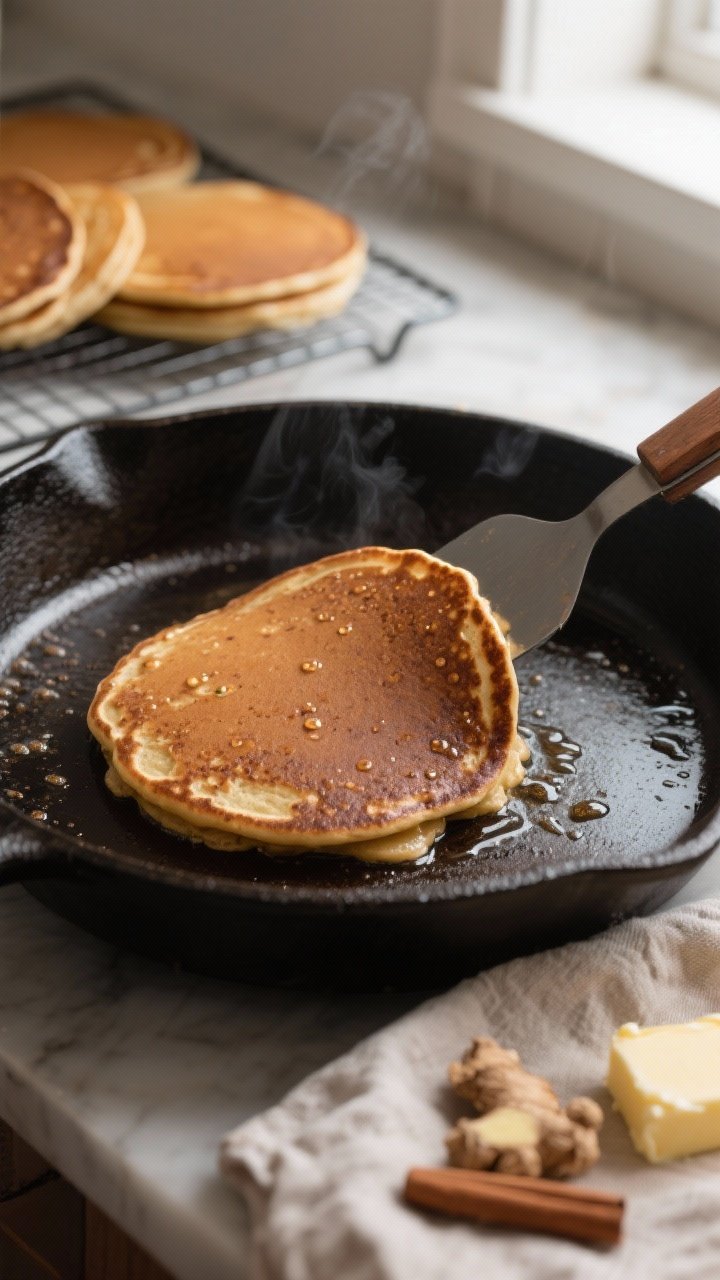Cooking process, close-up detail: Medium-close shot of gingerbread pancake batter dolloped onto a bu
