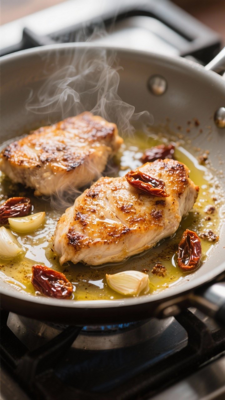 Cooking process, close-up detail: Searing Tuscan chicken cutlets in a wide skillet, golden-brown cru