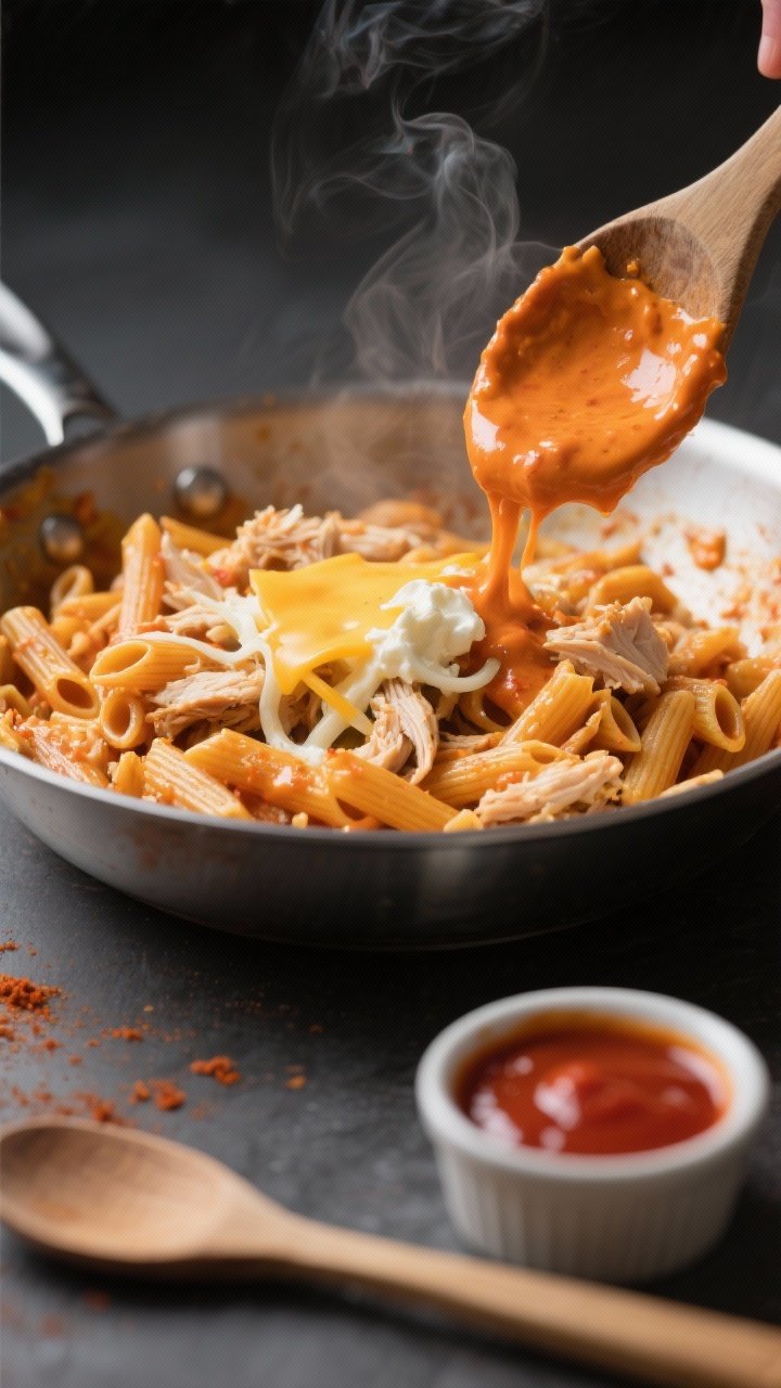 Cooking process close-up: In a large stainless-steel skillet, the creamy buffalo sauce is being fold