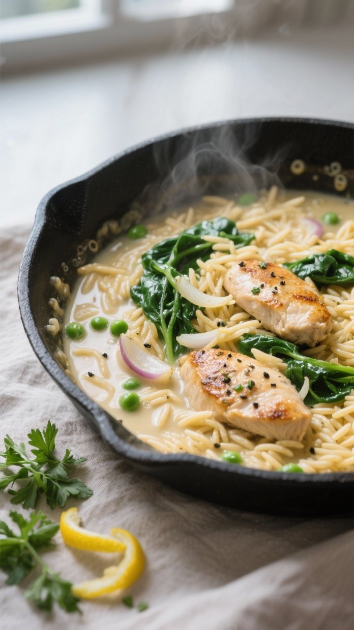 Cooking process close-up: In-pan creamy chicken orzo mid-simmer, tight overhead shot of golden-toast