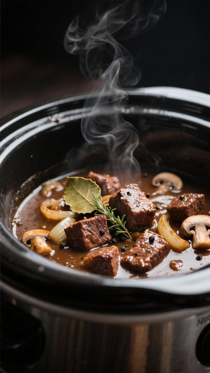 Cooking process — Close-up of seared beef tips simmering in the slow cooker: glossy, rich brown gr
