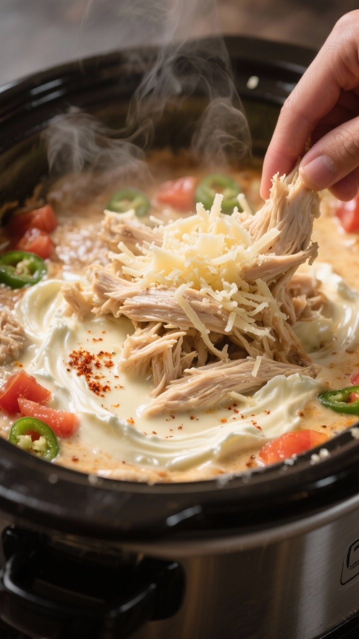 Cooking process close-up: Shredded slow-cooked chicken being folded back into a creamy sauce inside 