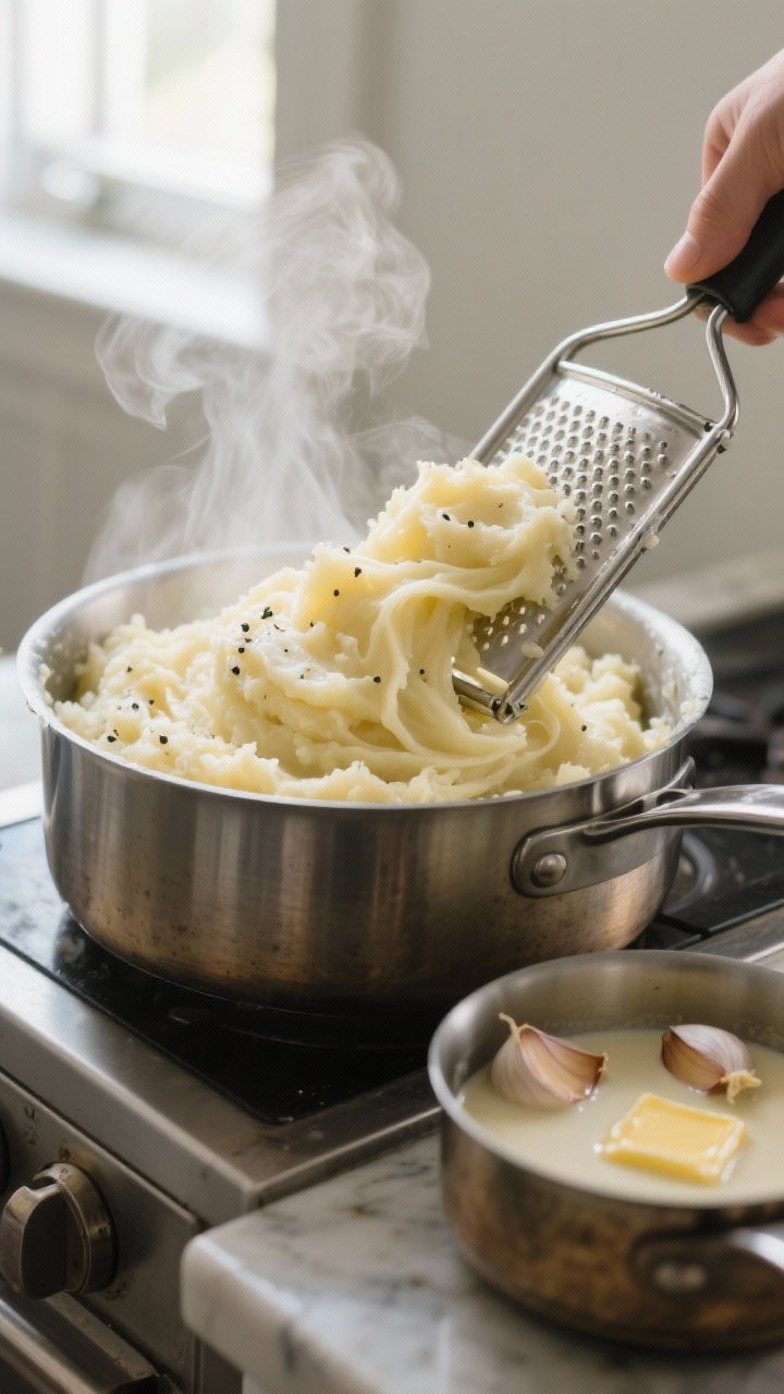 Cooking process close-up: Silky mashed potatoes being pressed through a stainless steel potato ricer