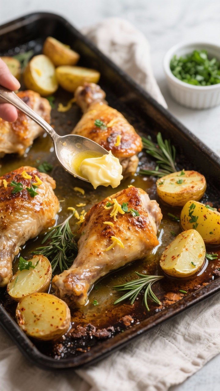 Cooking process, overhead action: Overhead shot of herb-butter-basted chicken thighs and halved baby