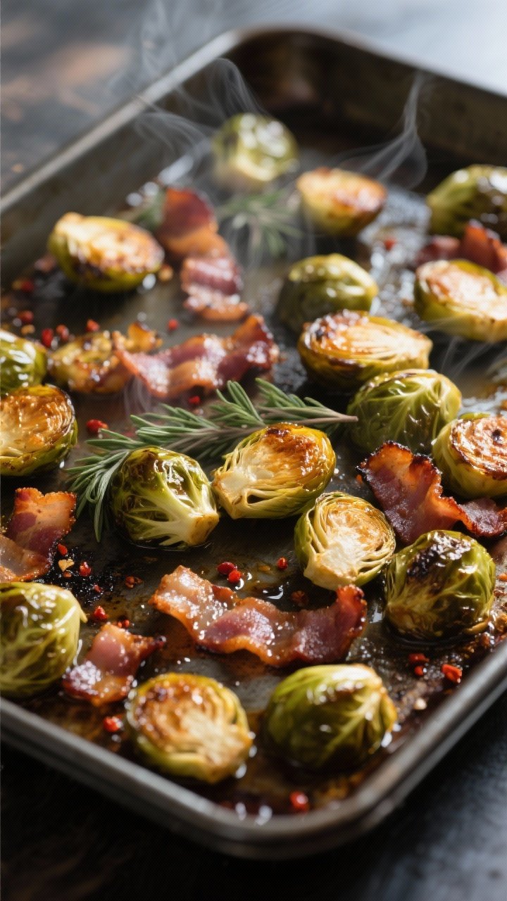 Cooking process — Roasted Brussels sprouts and bacon caramelizing on a preheated rimmed sheet pan 