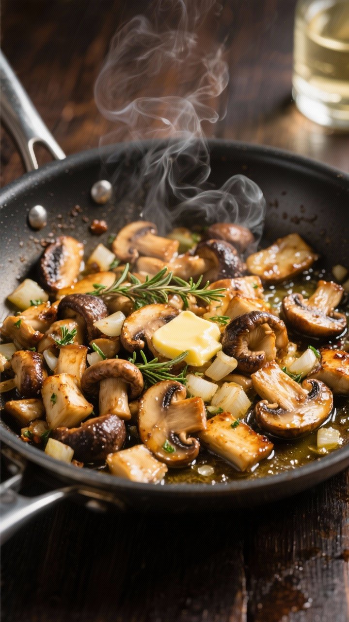 Cooking process — sautéed mushroom medley: Close-up of golden-browned mixed mushrooms (cremini, s